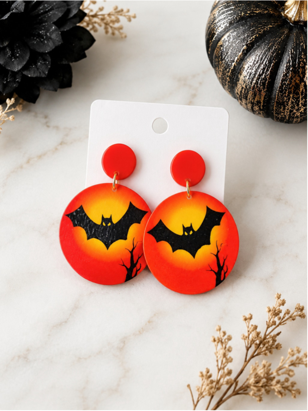NEW Halloween Bat Orange Acrylic Dangle Earrings Spooky Fall